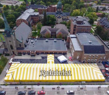 Aerial view of massive Rocktoberfest tent in Downtown St. Joseph, MN